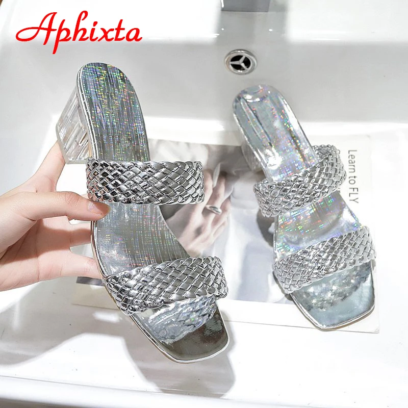 Aphixta 2022 New Summer Women Slides Design Slippers Sandals Braided Cord 7cm Transparent Heels Shoes Female Big Size 44 45 46