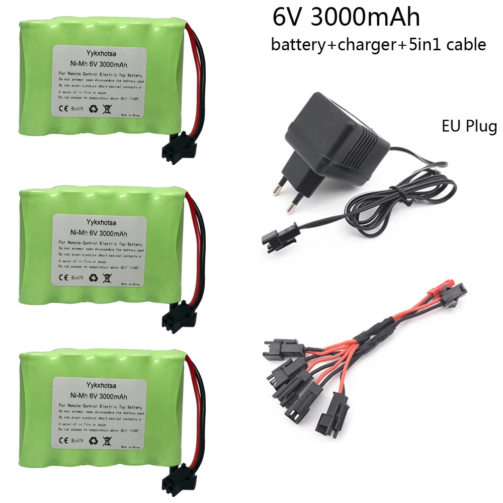 

6v 3000mah NiMH Battery with Charger 5in1 cable sets For Rc toys Cars Tanks Robots Boat Gun AA 6v 3000mah Battery Pack toy parts