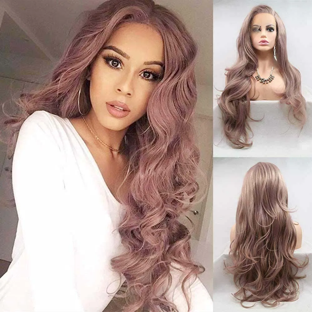 Sylvia Smoke Pink Long Natural Wave Wig Synthetic Lace Front Wigs For Women Hair Heat Resistant Fiber Long Wigs