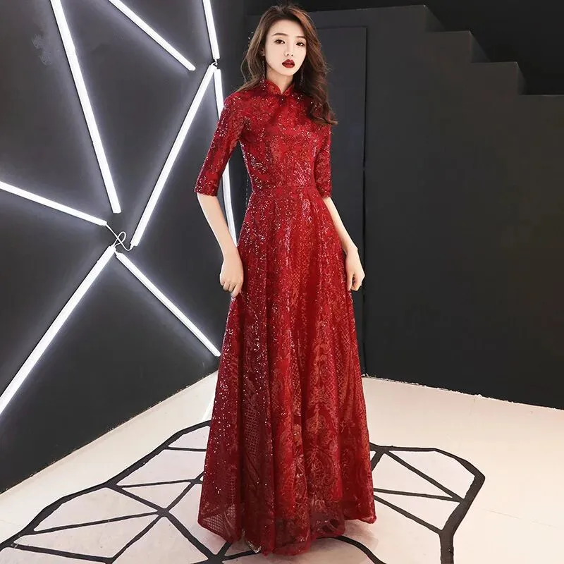 Вечернее платье Robe De Soiree Vintage High Neck Abendkleider Pailletten Halbe Hülse Bodenlangen Frauen Party Kleider