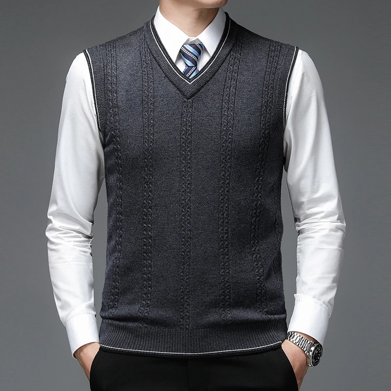 New 2021 Men's Sleeveless Wool Knitwear Casual V-Neck Sweater Vest Male Knit Vest Pullover Sweaters view 5