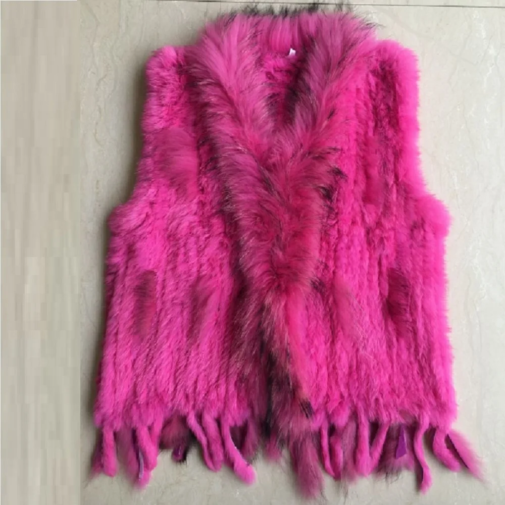 raccoon dog fur collar trim women knitted natural rabbit fur vest gilet/waistcoat high quality hot sale retail/wholesale