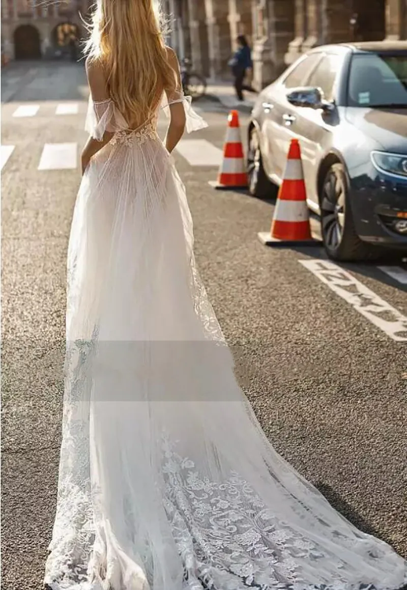 Strand Off Shoulder Trouwjurken Kant Geappliqueerd 2024 Lange Trein Tule Bruidsjurken A-Lijn Spaghettibandjes Vestido De Novia