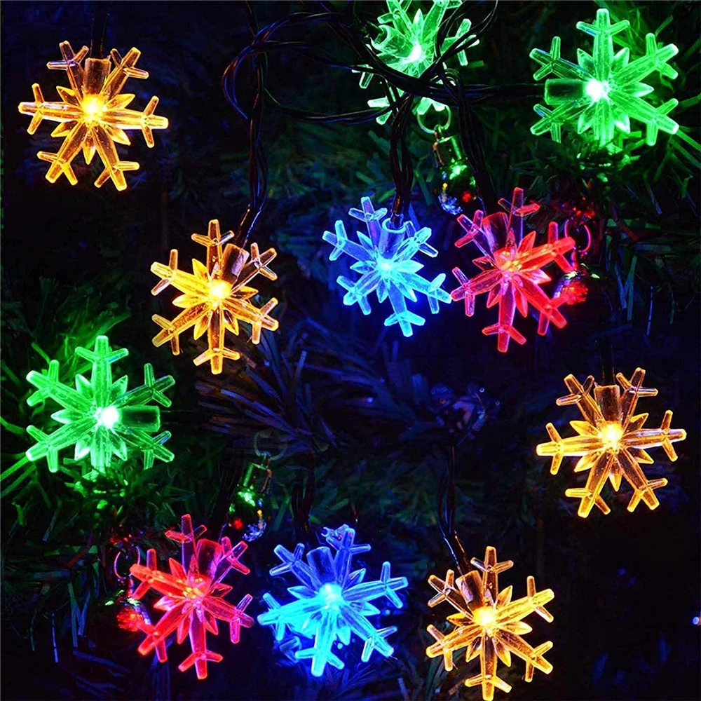 LED Solar Christmas String Lights Snowflake Outdoor Waterproof Powered Fairy String Lights For Home Garden Parties Patio Yard