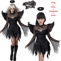 Halloween Witch Costume for Girl Vampire Witch Tutu Dress with Headband Bat Wings Gothic Vintage Sexy Slim Carnival Party Dress