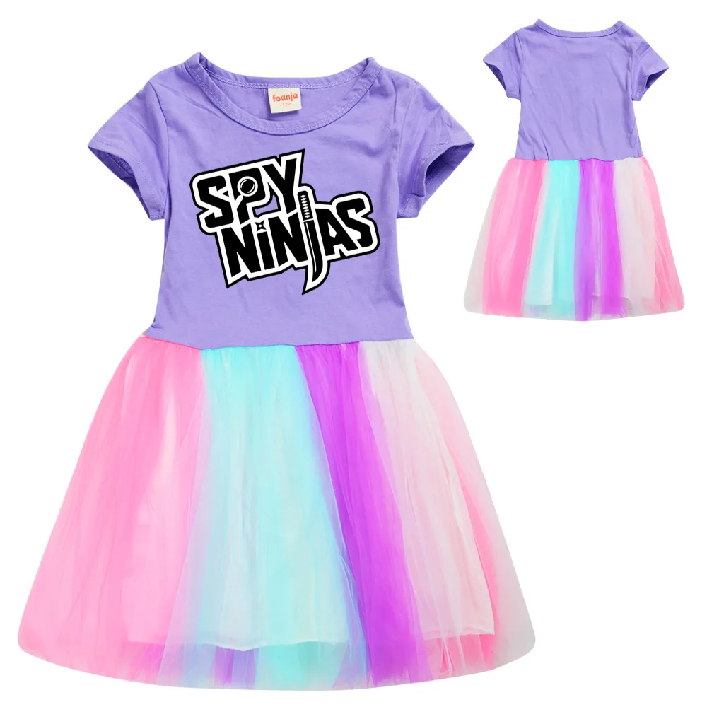 Fashion Cartoon Net Yarn Girls Skirt Cotton Summer Short-Sleeved Skirt SPY NINJAS Children Princess Dress Kids Dresses for Girls