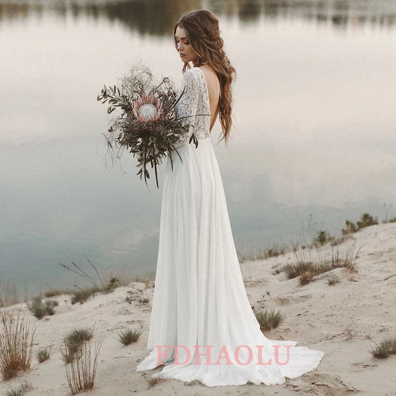 FDHAOLU – robe de mariée en mousseline de soie, col en v, manches longues, dos ouvert, style Boho, robe de soirée, traîne, FU73