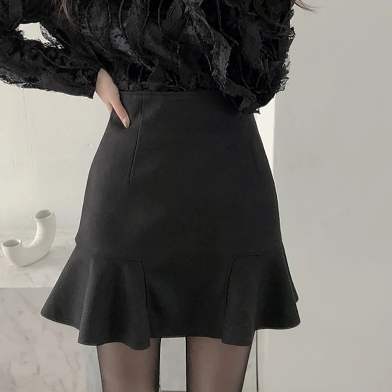 LJSXLS Skirts Women Spring Autumn Ruffles Slender A- line Mini Skirt Solid England Black Womens Korean Fashion Woman Clothing