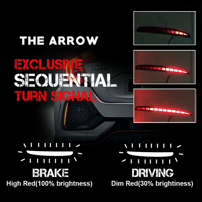 2PCS For Honda Civic Type R 2016 2017 2018 2019 2020 LED Rear Bumper Fog Lamp Brake Light Dynamic Turn Signal Reflector