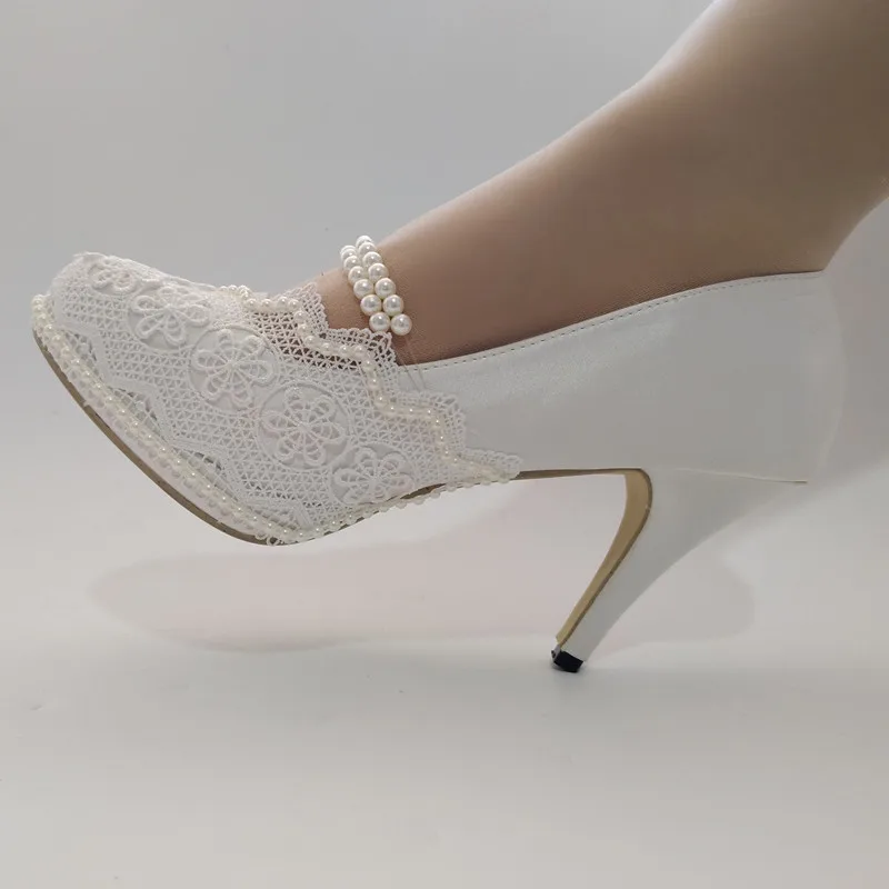 

BaoYaFang Pearl White Lace small flower bridal wedding shoes Bridesmaid banquet wedding dress photo shoes