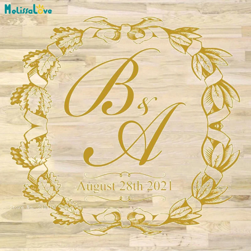 Wreath Custom Initials and Date Wedding Floor Decals CelebratIon Dance Stage Board Decor Vinyl Removable Stickers YT6402