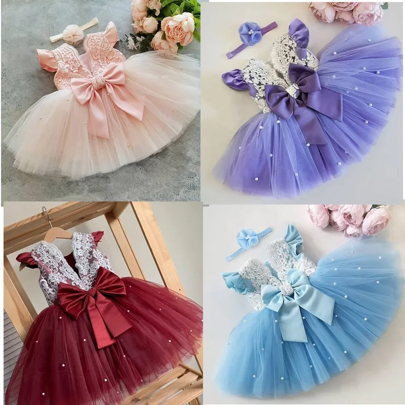 Children Dress Toddler Kids Princess Flower Weddong Bowknot Birthday Christening Costume Elegant Clothes For1-5 Year Little Girl