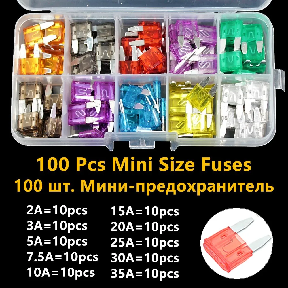 100 Pcs Car Fuses Small Mini Auto Blade Fuses 2A 3A 5A 7.5A 10A 15A 20A 25A 30A 35A AMP Assortment In Storage Box