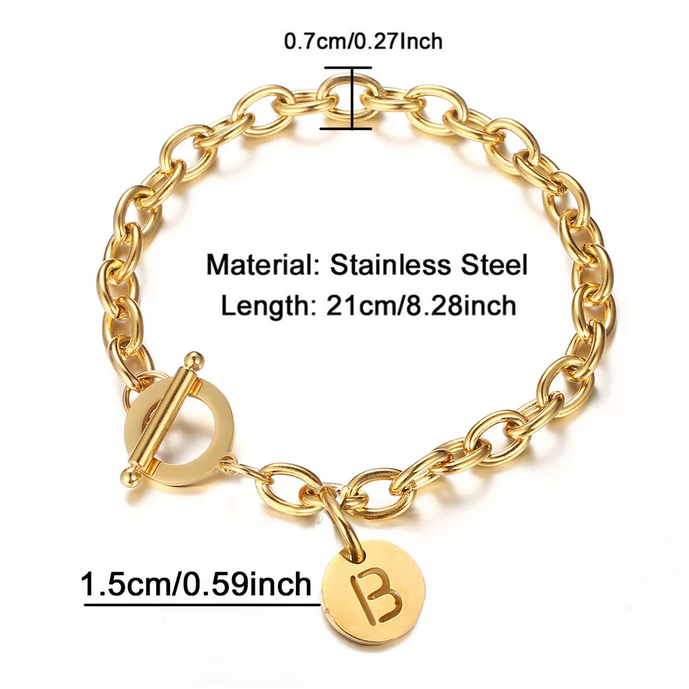 Stainless Steel Coin Initial Letter Bracelet For Women Alphabet Toggle Bracelet Name Jewelry