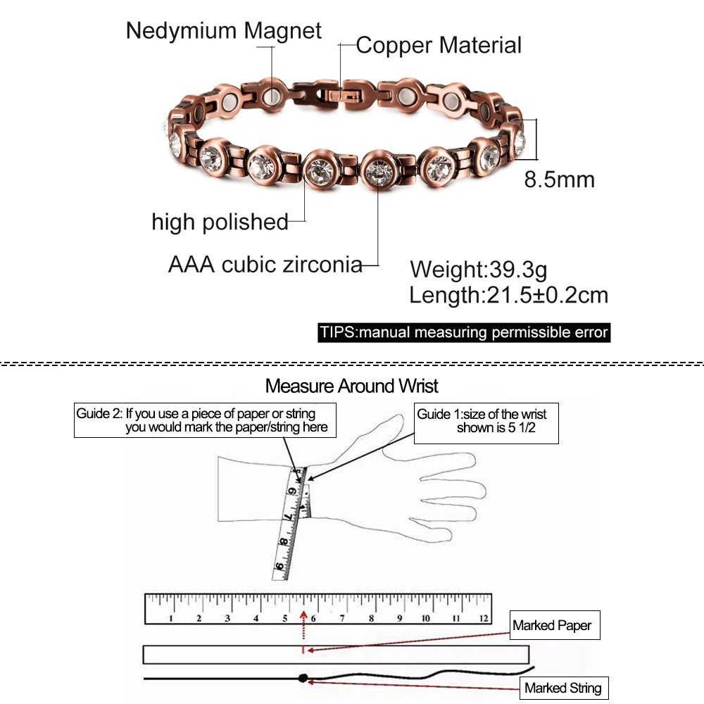 Pure Copper Magnetic Bracelet Arthritis 21.5cm White Crystals Copper Bracelets for Women Men High Magnet Health Energy Bracelet