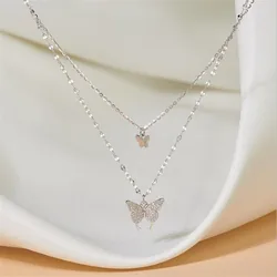 New Fashion Exquisite Crystal Butterfly 925 Sterling Silver Jewelry Fairy Double Layered Personality Pendant Necklaces   XL001