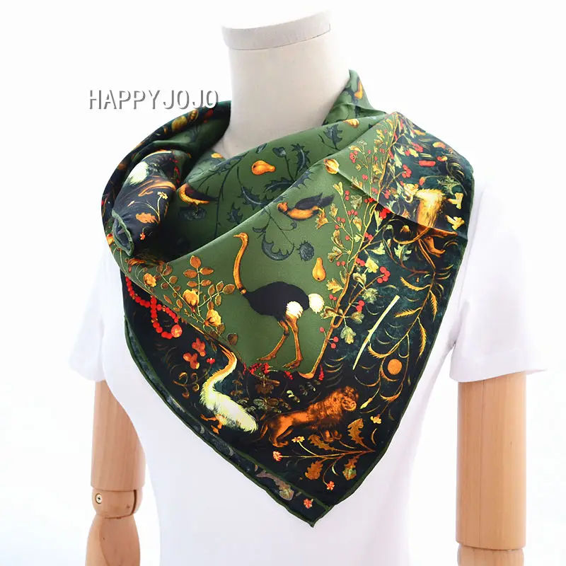 Army green luxury silk scarf women printed bird 100% real silk twill scarves wrap foulard shawl  90cm square bandana lady gift