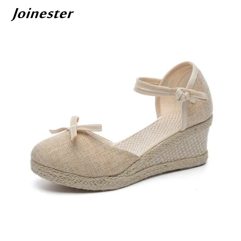 Women's Closed Toe Linen Wedge Sandals Ankle Strap Cover Heel Summer Straw Braided Dress Shoe Concise Style Ladies Footwear