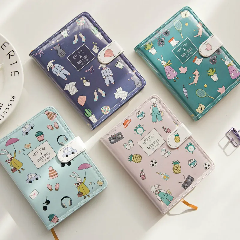 Pu Magnetic Button Diary Lovely Little Fresh Week Plan Grid Lattice Color Page Hand Account Notebook Notebooks and Journals