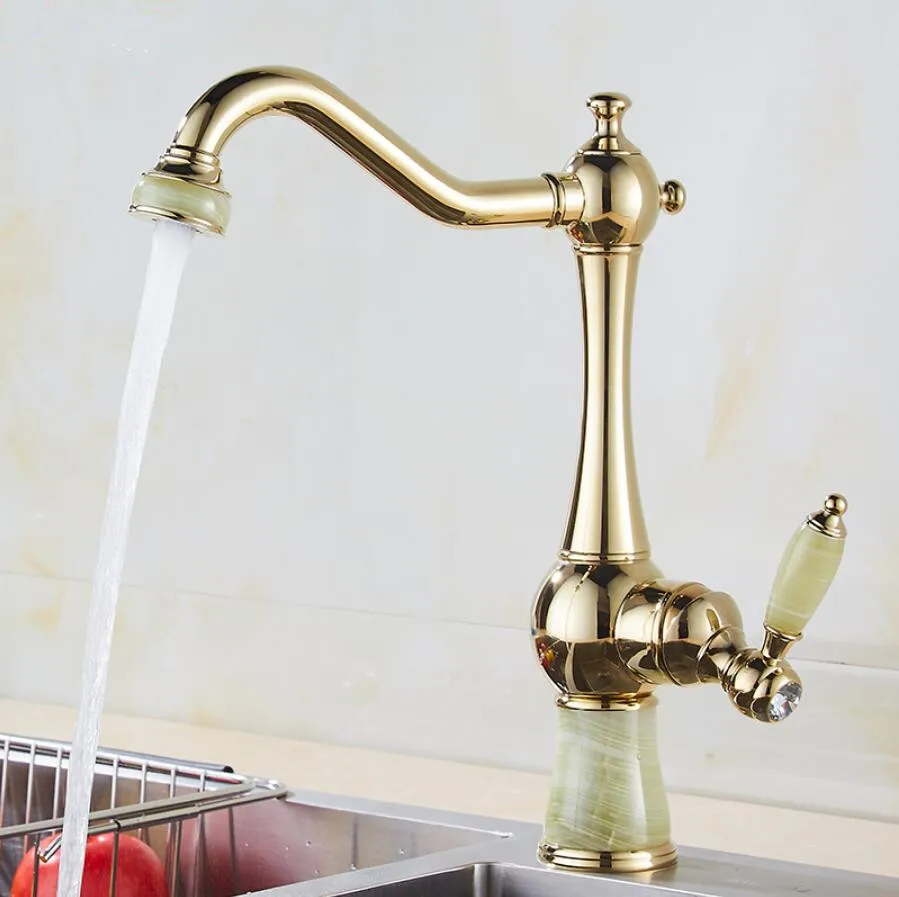 

Vidric Kitchen Faucets Brass with Jade Kitchen Crane Single Handle Gold Finish 360 Swivel Mixers Taps Kitchen Tap Sink Mixer