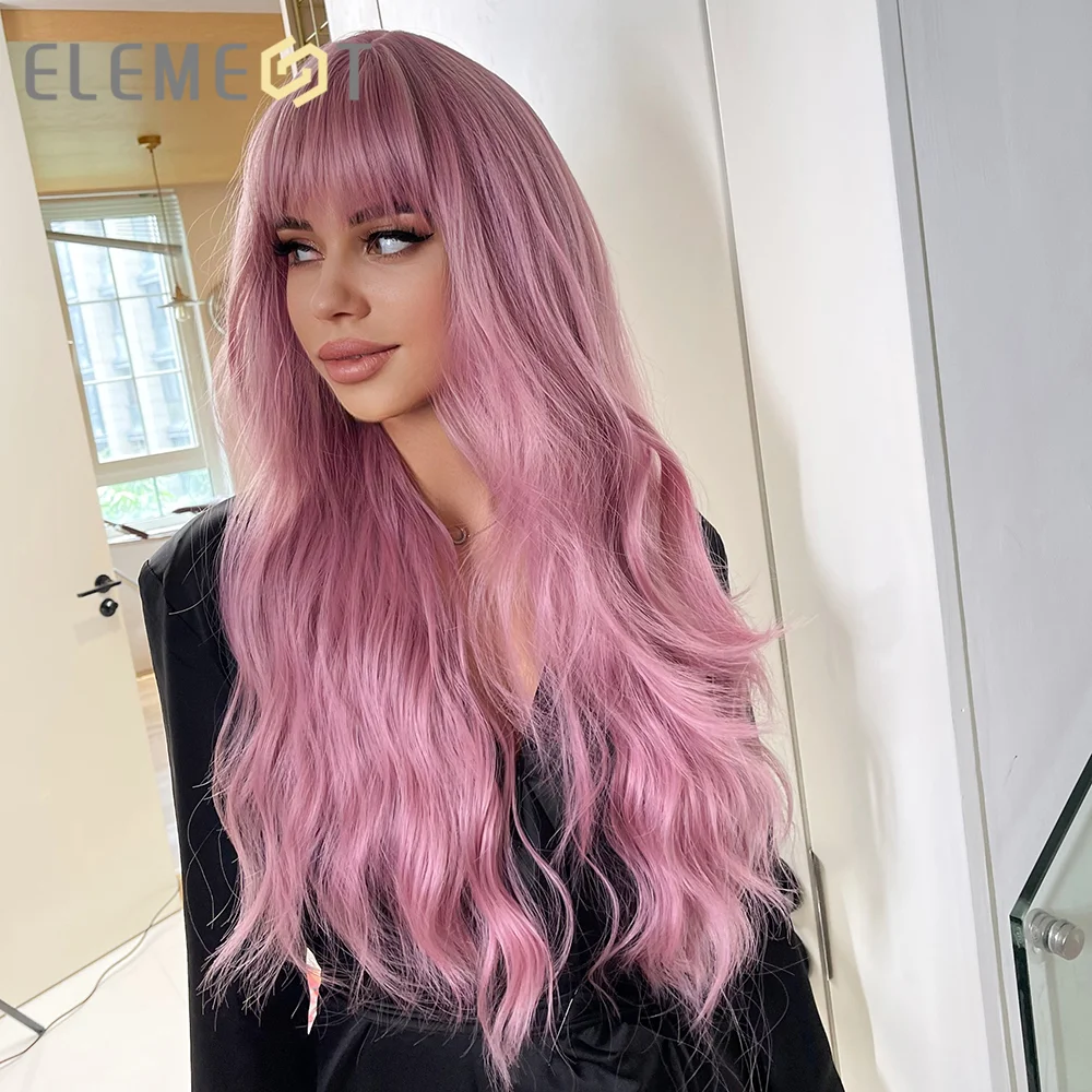 Element Long Natural Wavy Pink Hair Wigs with Bangs for Women Synthetic Cosplay Party Daily Use Heat Resistant
