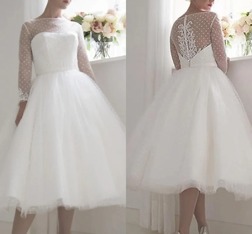 빈티지 a 라인 웨딩 드레스 보석 차 길이 도트 Tulle 레이스 appiques 신부 가운 Vestido De Noiva Robe Mariage