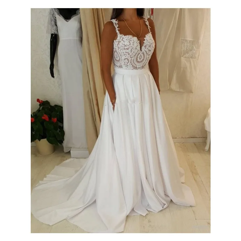 

E JUE SHUNG White Lace Beach Wedding Dresses Sleeveless Spaghetti Straps Bride Dress Robe De Soiree