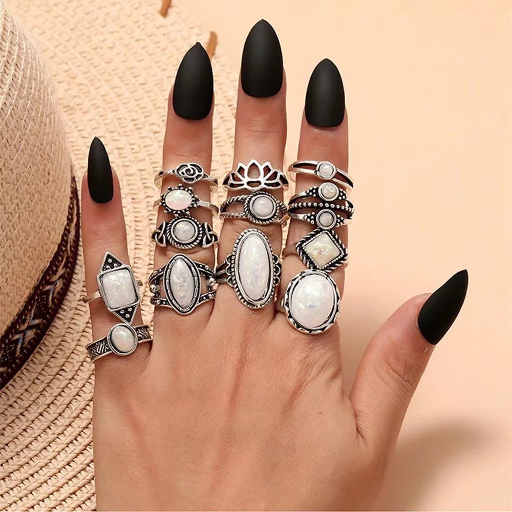 LXY-W New Boho Vintage Silver-plate Geometric White Stone Lotus Set Ring per le donne Fashion Trendy Personality Girl Jewelry Gift