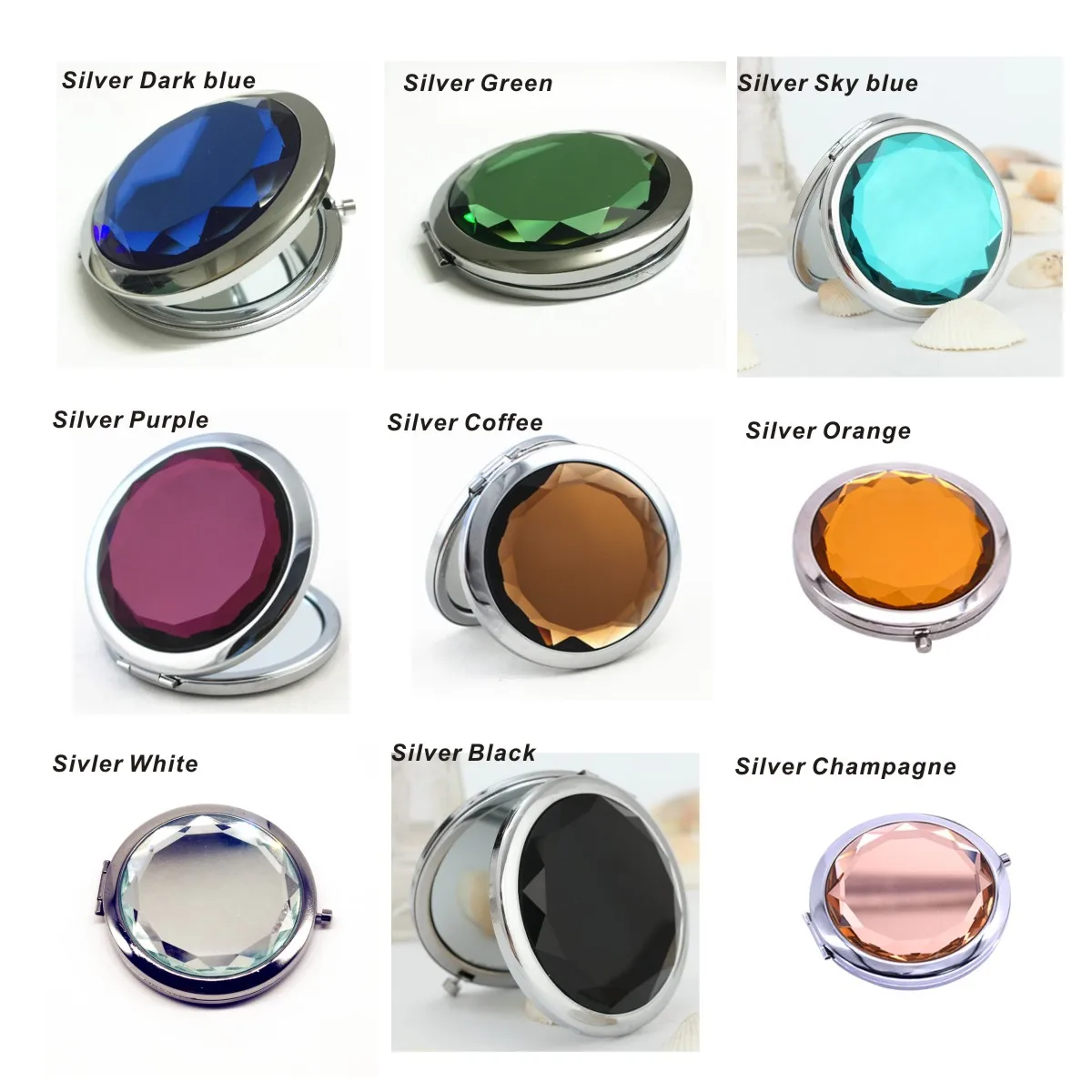 1Pc Luxury Crystal Makeup Mirror Portable Round Folded Compact Mirrors Gold Silver Pocket Mirror Making Up for Personalized Gift