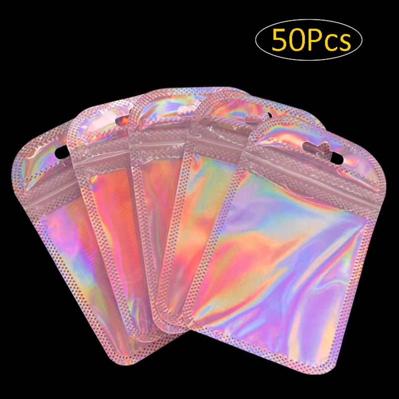 50pcs/set Holographic Storage Mylar Eyelash Jewelry Pouch Window Bags Resealable Gloss Packaging With Pieces Smell Proof