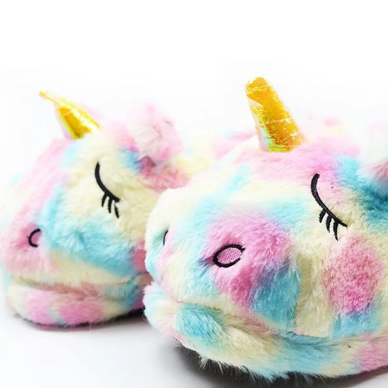 Women Cartoon Rainbow Unicorn Slippers Girls Winter Plush Warm Home Slippers Indoor Shoes Slides Cotton Shoes