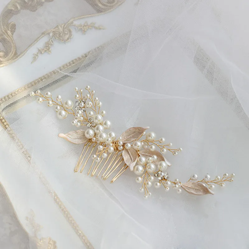 Floralbride Handmade Alloy Crystals Rhinestones Pearls Flower Leaf Bridal Hair Comb Wedding Hair Accessories Women Hair Jewelry