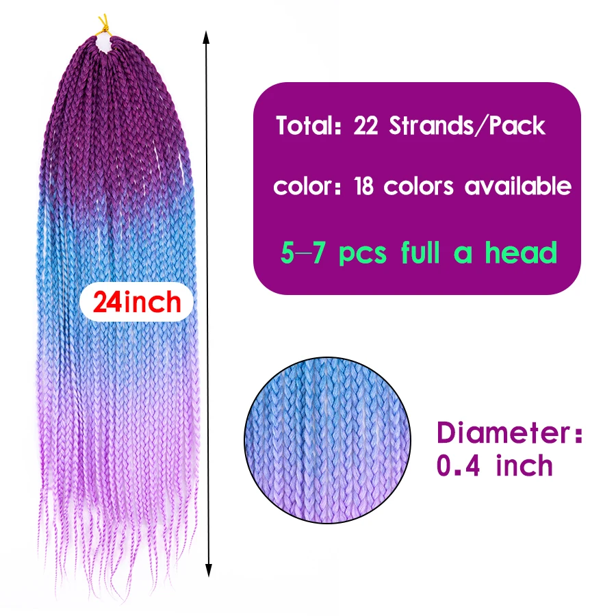 24'' Classical Box Braids Synthetic Crochet Hair Extension Colorful Braiding Hair For Women  Quality Braids Hairpiece Blonde Red