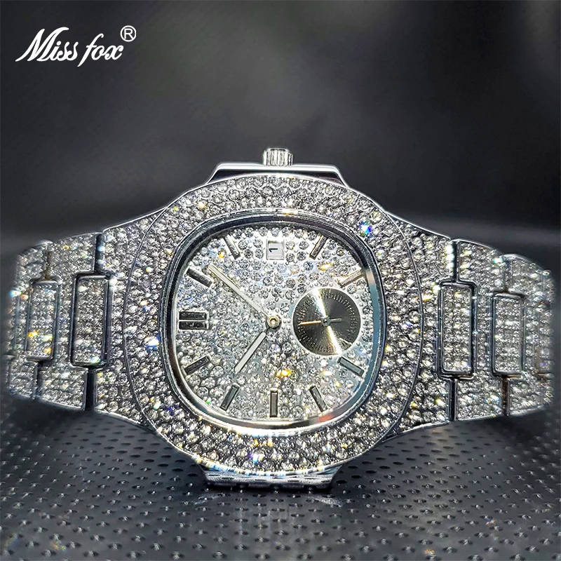 

MISSFOX Ice Out Square Watch Men Luxurious Bling Bling Diamond Double Dial Original Design Watches Work By Battery Wholesale