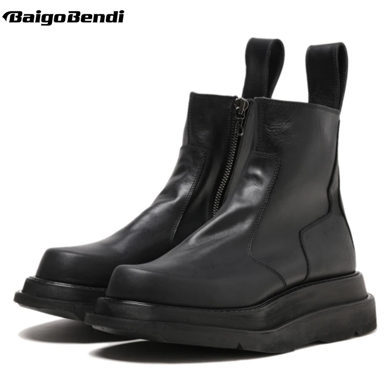 Trendy Height Increase Men's Winter Thick Heel Zip Mid-calf Platform Leather Boots Male Warm Fur Motorcycle Shoes