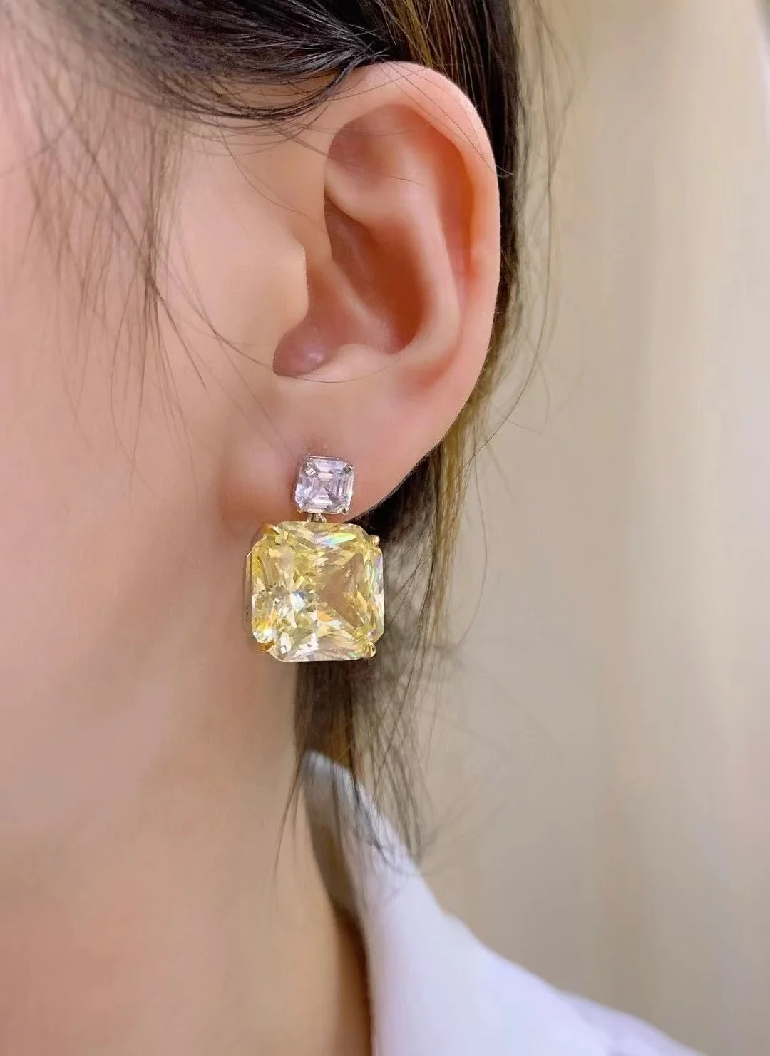 yellow color square shape 925 sterling silver with cubic zircon earring fine women jewelry cute simply style daily use