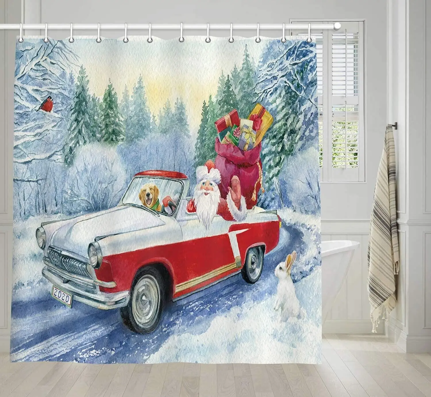 

Christmas Watercolor Shower Curtains, Santa Claus Driving Red Car in Winter Snow Land with Rabbit Xmas Tree Bathroom Curtain Set