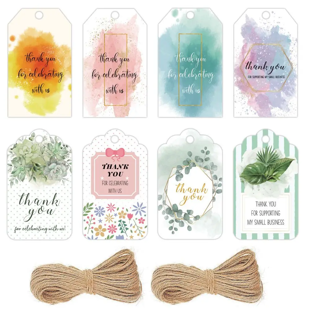 50PCS Watercolor Thank You Tags With Ropes Eucalyptus Leaves Pattern Wrapping Hang Labels Gifts Decor Baby Shower Party Suppiles