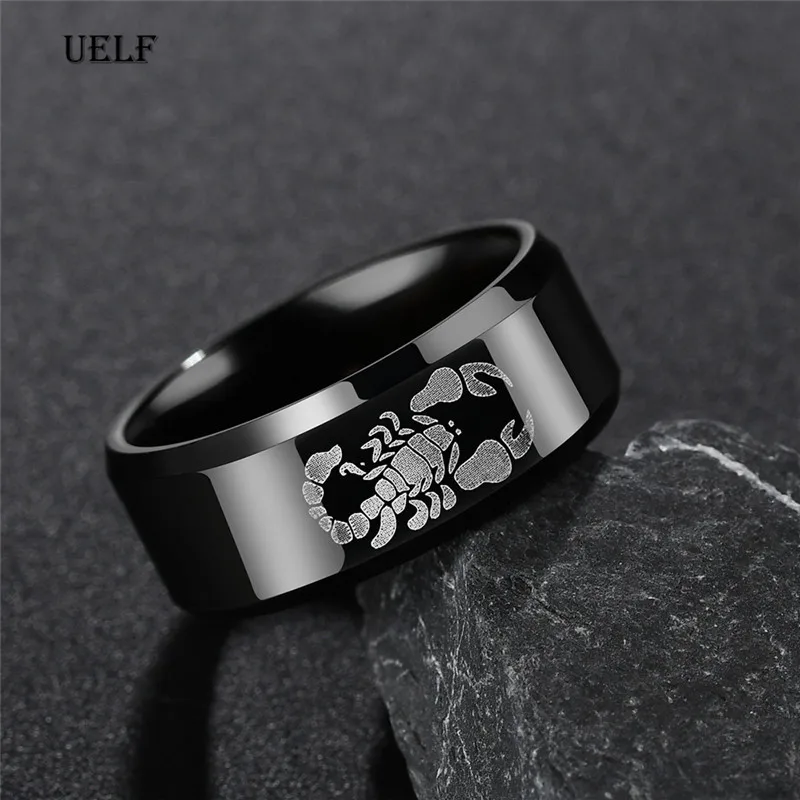 Uelf Punk Vintage Black Scorpion Pattern Mens Ring Stainless Steel Titanium Rings for Men Women Wedding Bands