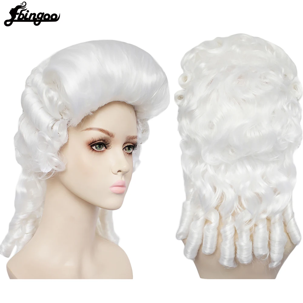 Ebinoo White Lawyer Wig Baroque Curly Colonial Female Lawyer Judge Deluxe Historical Costume Synthetic Cosplay Wig for Halloween