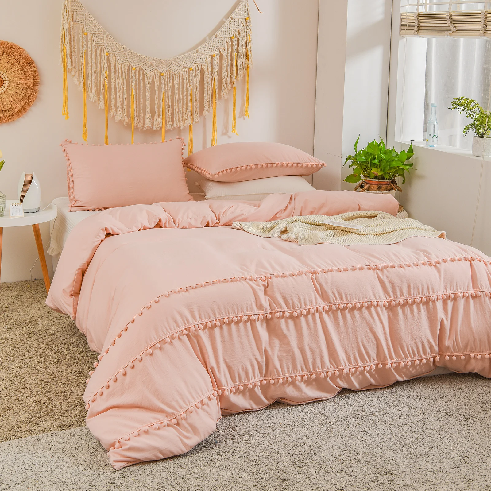 Pink Bedding Peach Pom Pom Duvet Cover Set Triple Pink Ball Fringe Pattern Chic Boho Fringe Dropshipers Bedding Sets