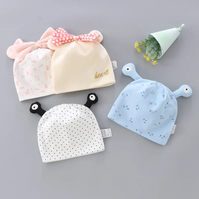 2020 New Cute Polka Dot Cartoon Big Bow Elastic Baby Hat Children's Cotton Beans Autumn Winter Warm Girl Cap