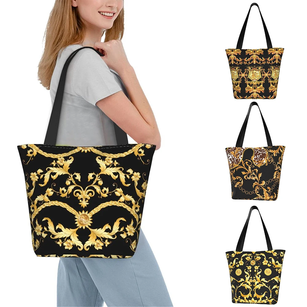 Luxury European Floral Pattern Print Totes Women Shoulder Bag Reusable Large Capacity Eco Shopping Bag Baroque Design Handbag