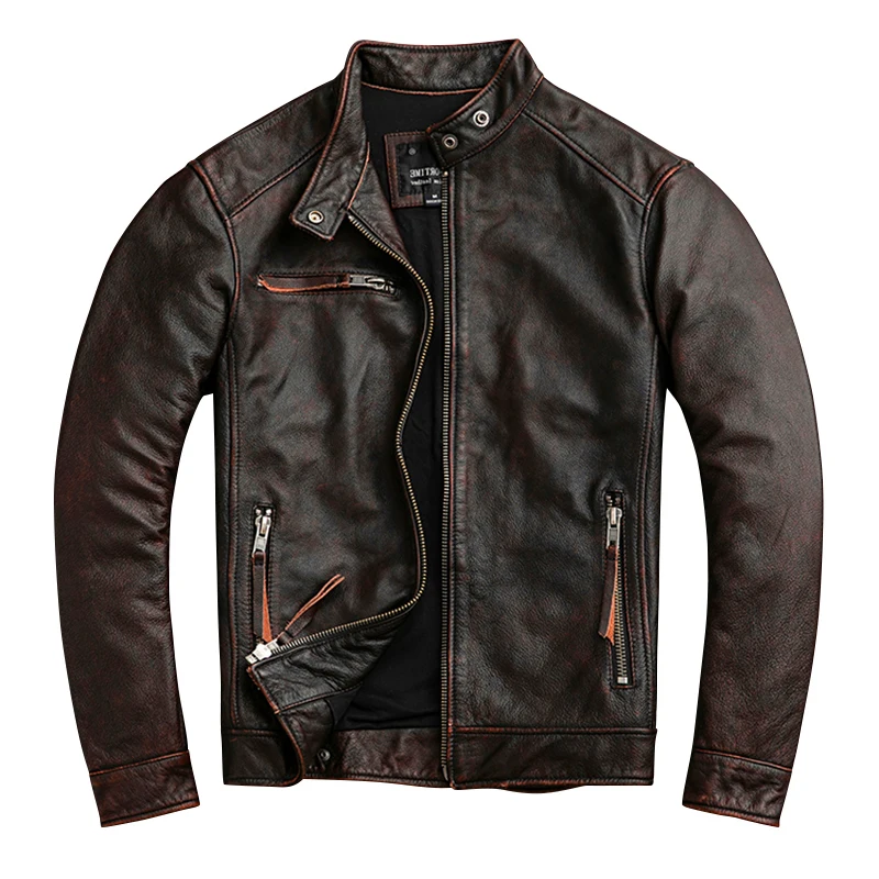 

2020 Vintage Brown Men Slim Fit Biker's Jacket Plus Size XXXXXL Genuine Cowhide Autumn Motorcycle Leather Coat