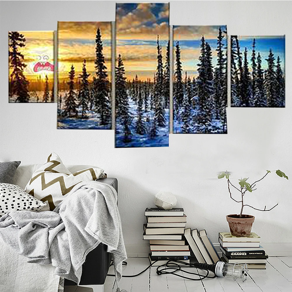 

5 Pieces Wall Art Canvas Painting Cartoon Poster Screaming Sun Tundra Modern Home Living Room For Decoration Pictures