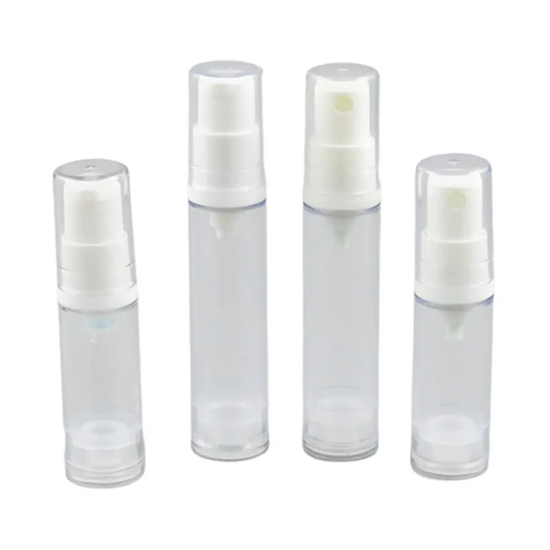 

50 x 5ML 10ML Portable Travel Mini Cute Transparent Airless Plastic Cream Bottle With White Pump or Mist Sprayer Clear Cap