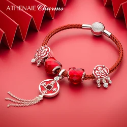 ATHENAIE 925 Sterling Silver Red Enamel CZ Chinese Peaceful Always Tassel Dangle Charms Bracelet