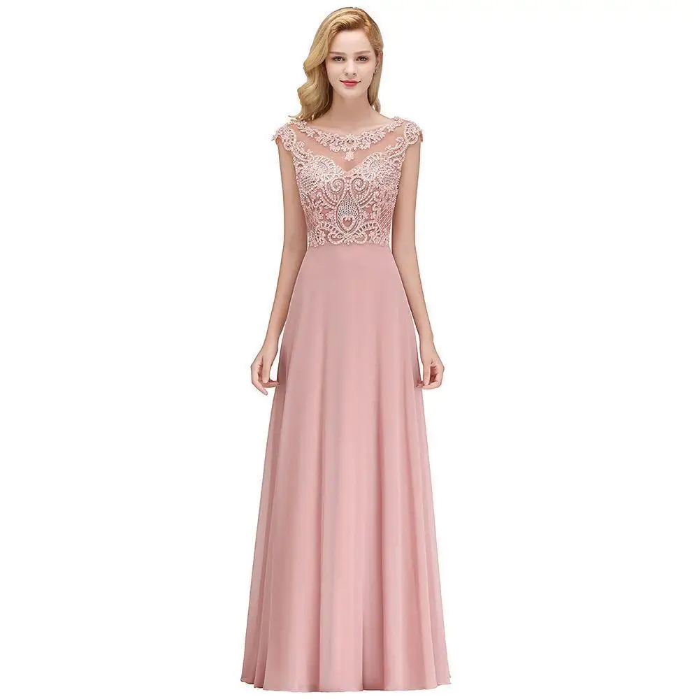 Pink Chiffon Long Bridesmaid Dresses 2019 Elegant A line Sleeveless Wedding Party Guest Gown Applique Pearl vestido madrinha