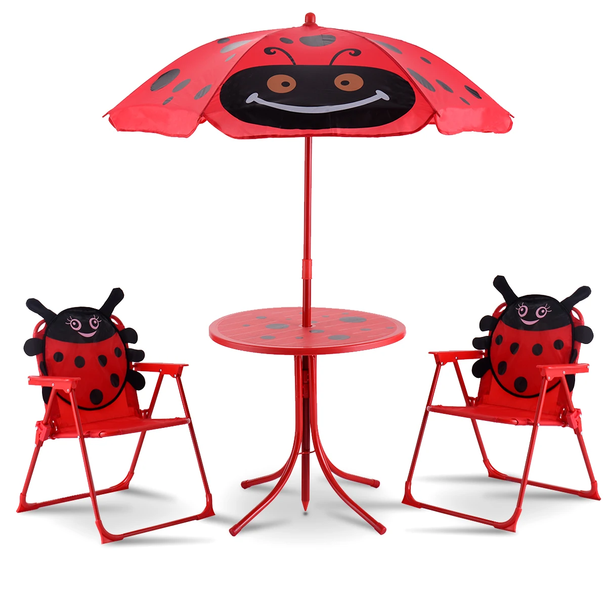 

Costway Kids Patio Set Table And 2 Folding Chairs w/ Umbrella Beetle Outdoor Garden Yard