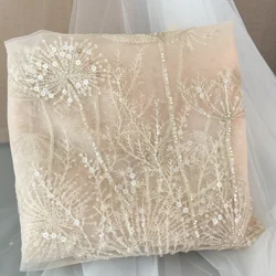 1 Yard Champagne 3D Beaded Tulle Emrboidery Lace With Clear Sequin Gold Thread 135cm Wide